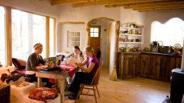 students working in cabin